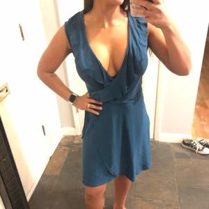 Blue v neck dress with ruffle trim